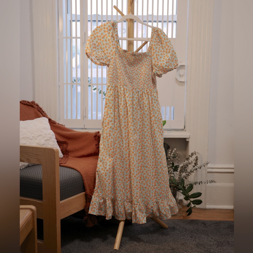 J Crew L Peach Novelty Cute Print Cotton Midi SunDress Cottage Smocked Sleeves